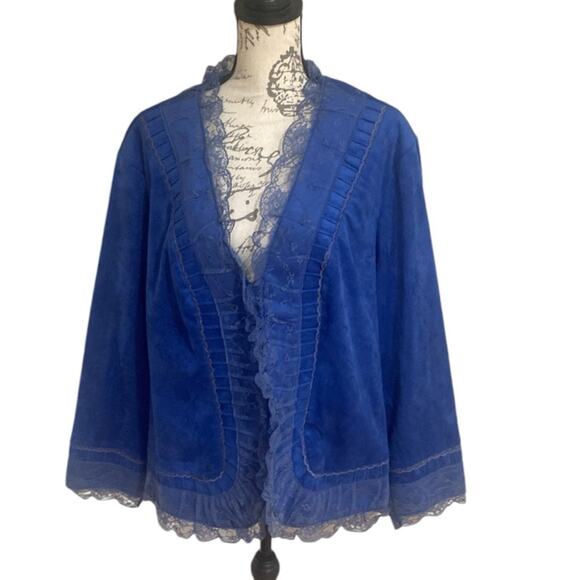Victor Costa blue velvet ruffled lace Bolero Jacket - Picture 1 of 11